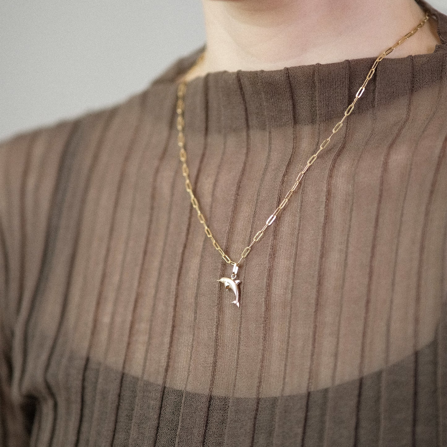 Model trägt eine Gliederkette mit Delfin-Anhänger aus 14k Echtgold.