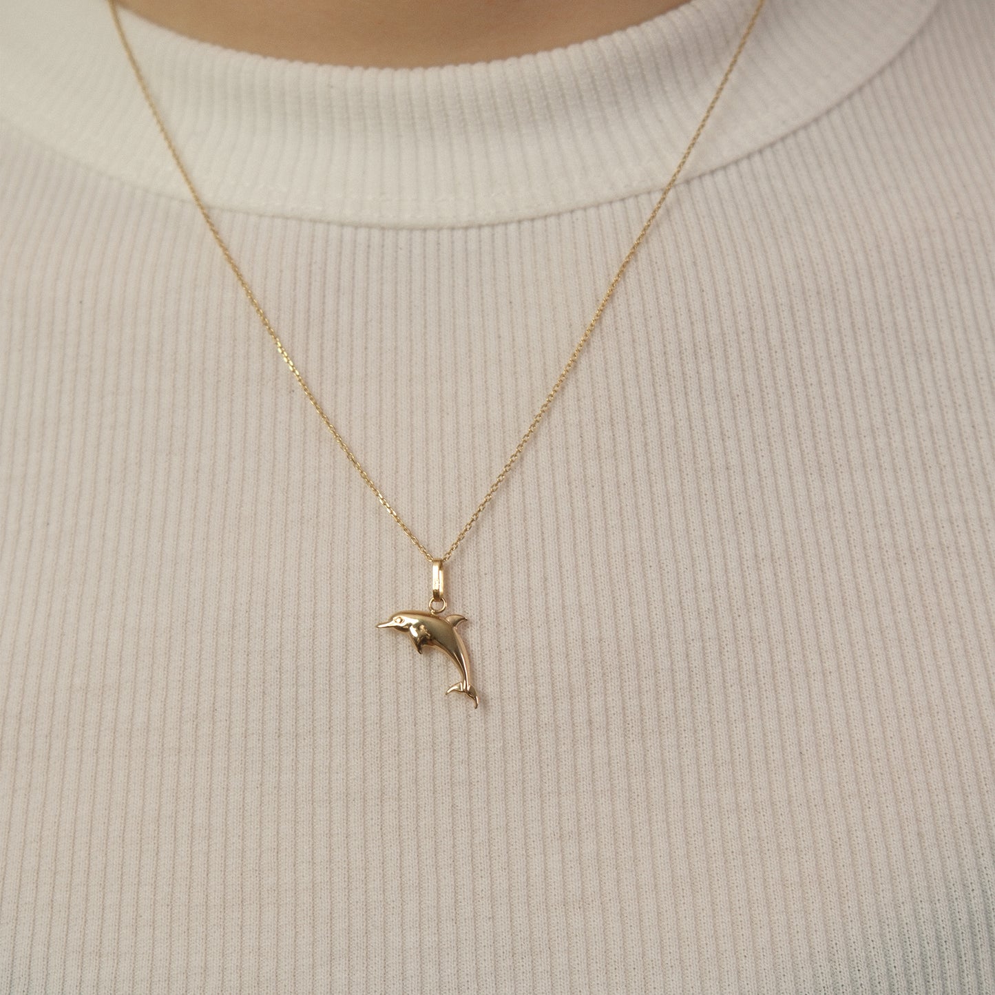 Nahaufnahme einer Kette mit Delfin-Anhänger aus 14k Echtgold.