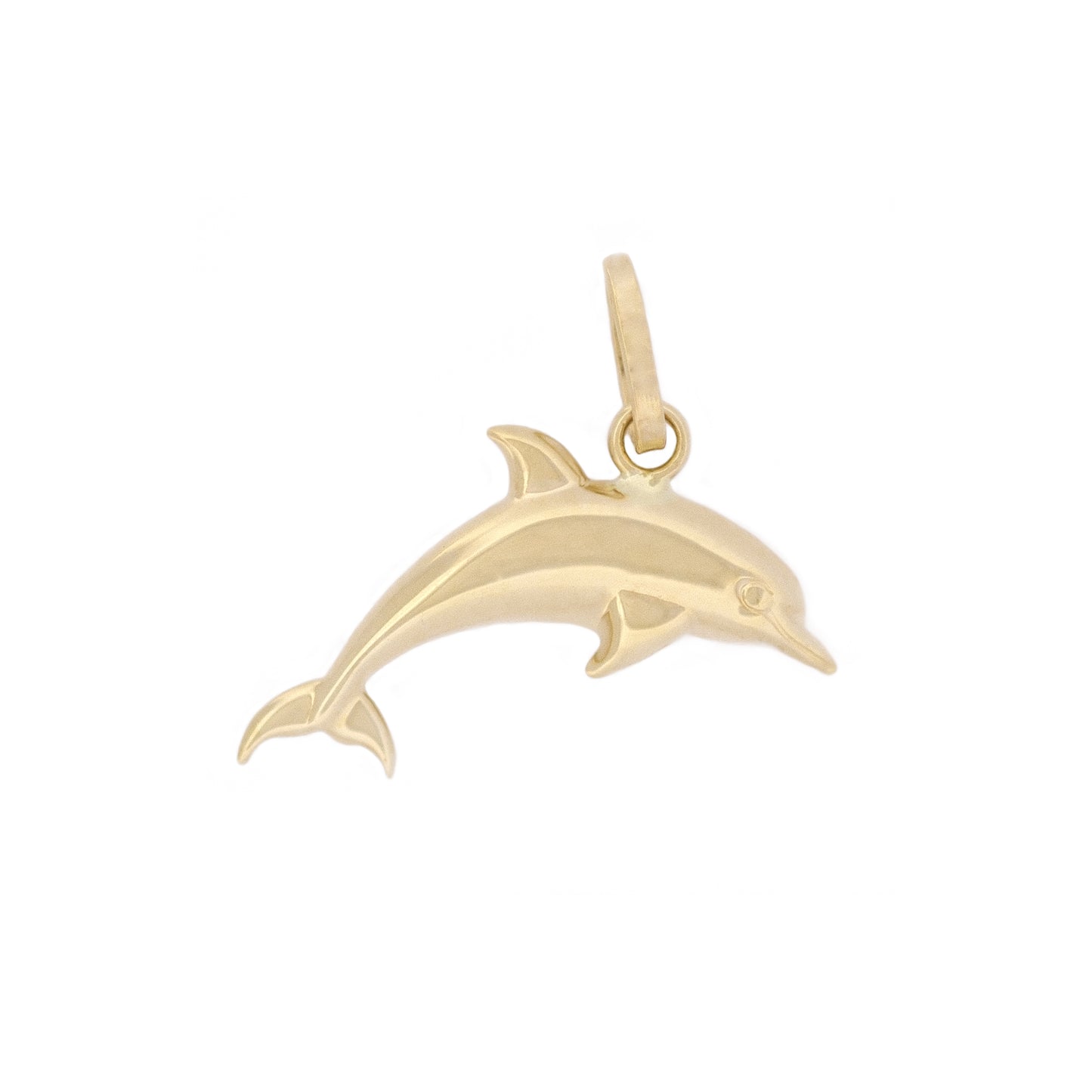 Delfin-Anhänger aus 14k Echtgold vor weißem Hintergrund.