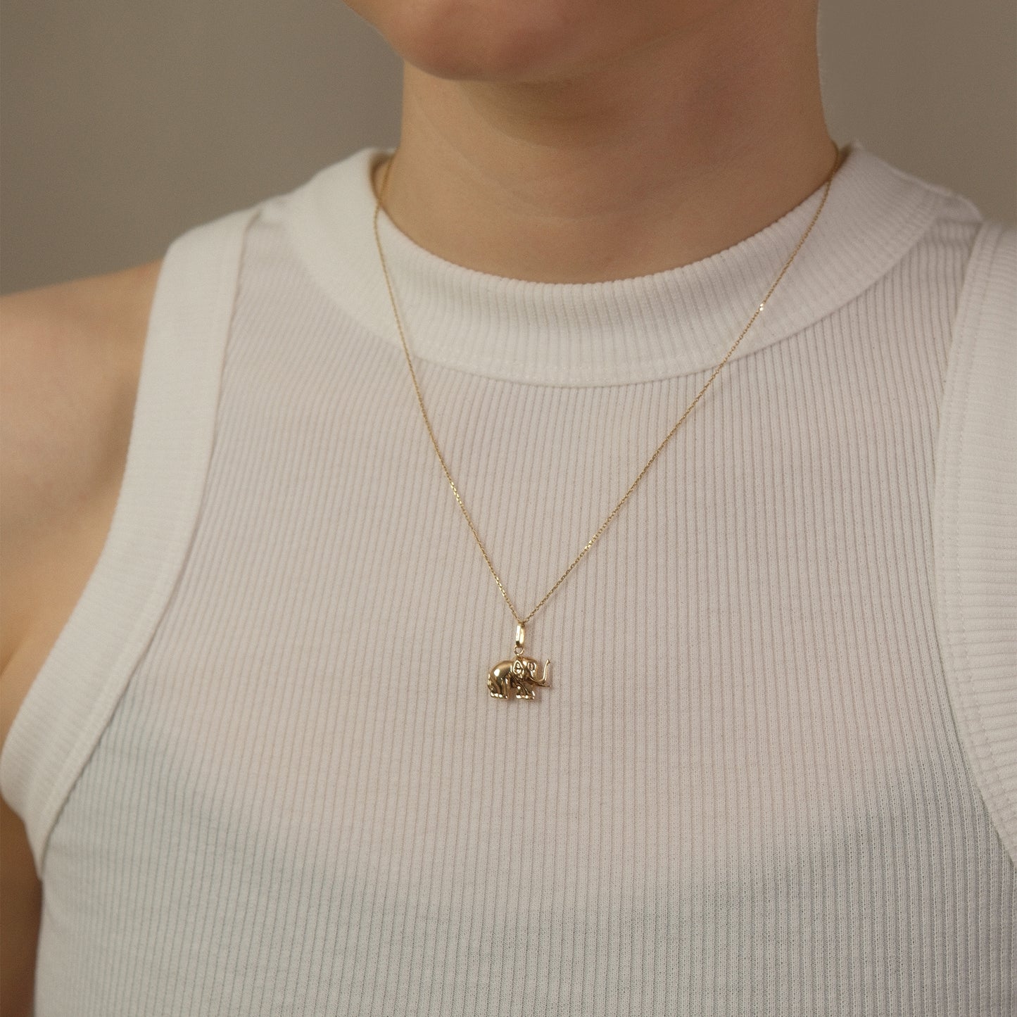 Model trägt eine Kette mit Elefant-Anhänger aus 14k Echtgold über weißem Top.
