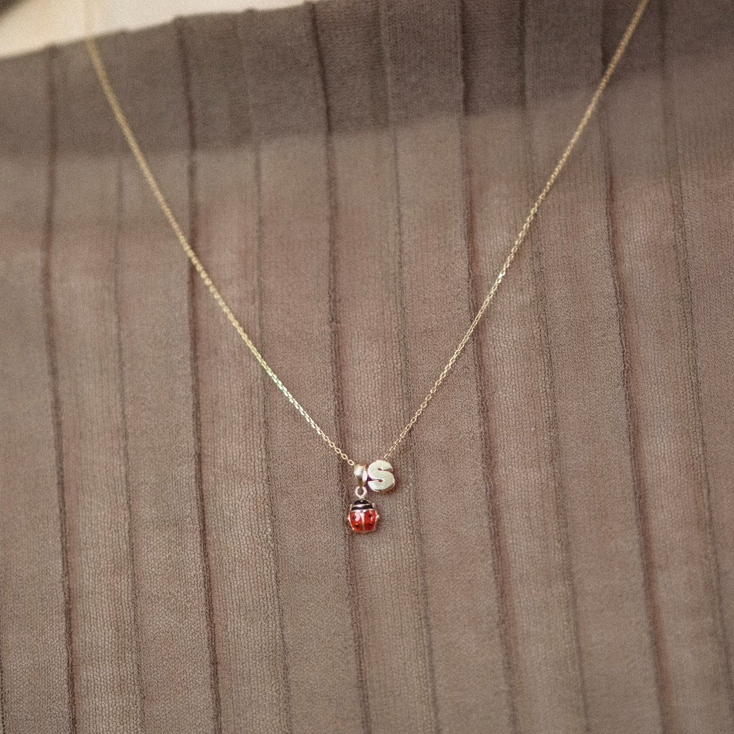 Model trägt eine Kette mit Marienkäfer-Anhänger und dem Buchstaben-Anhänger „S“ aus 14k Echtgold.