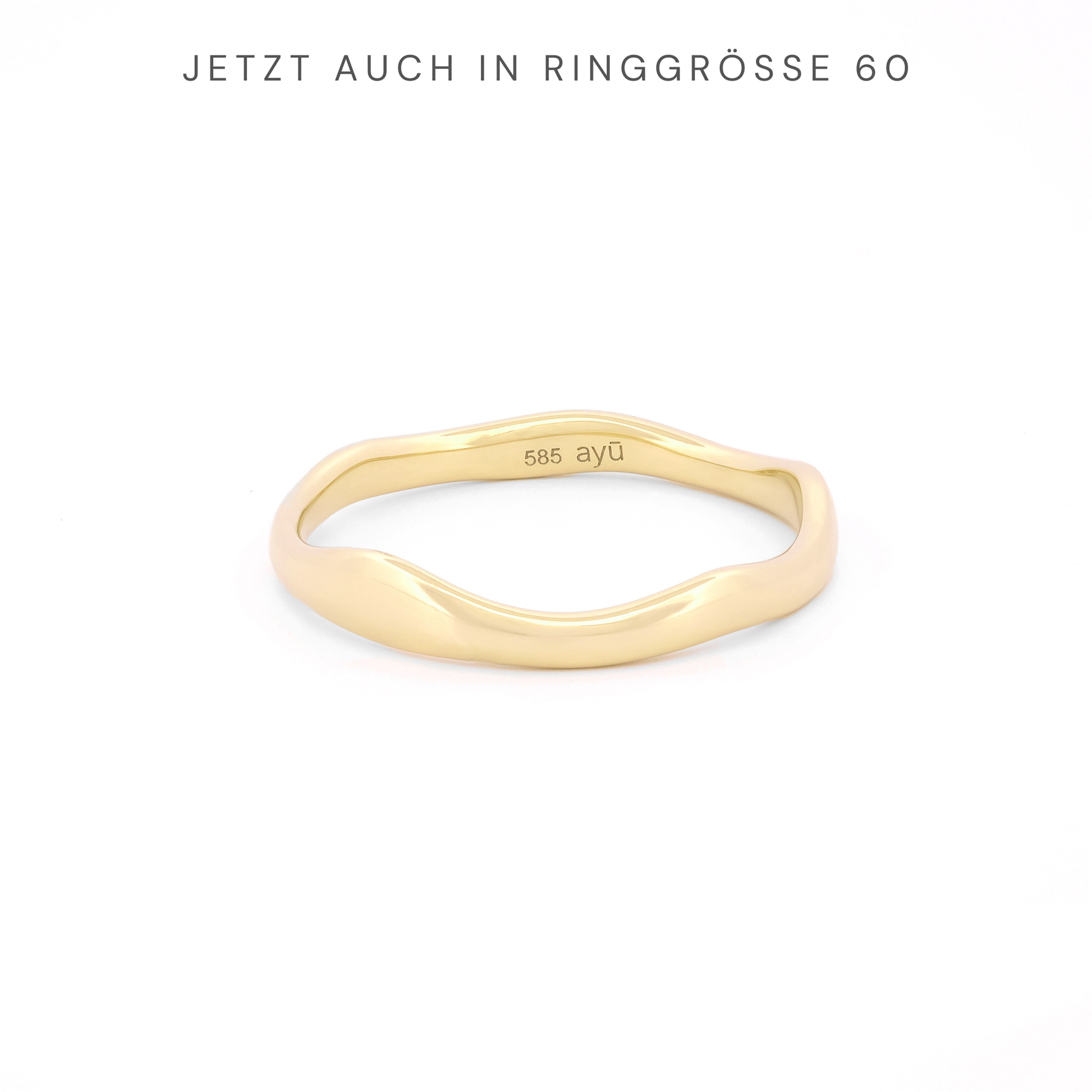 Vorderansicht eines unregelmäßig geschwungenen Rings aus 14k Gelbgold auf weißem Hintergrund.