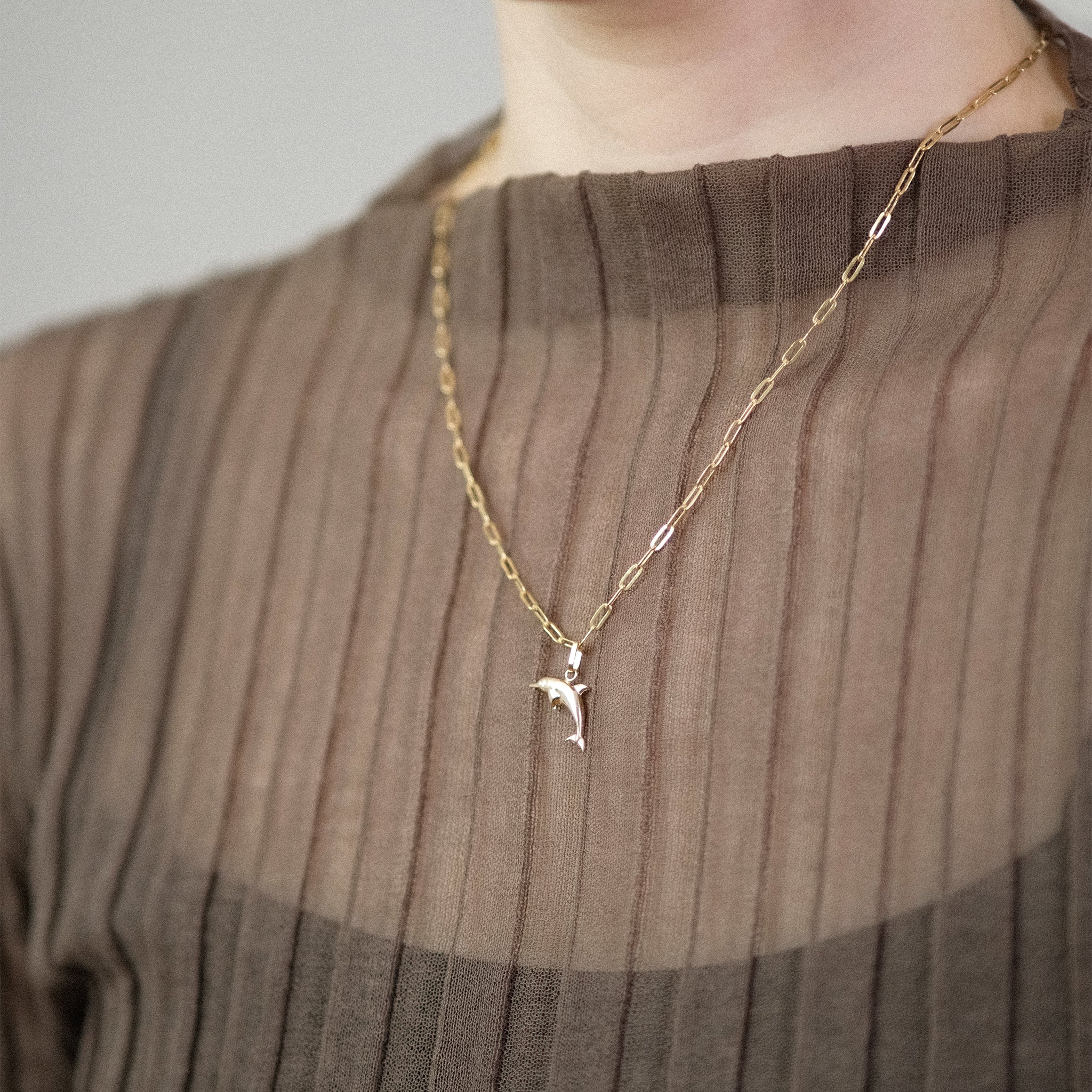 Model trägt eine Gliederkette mit Delfin-Anhänger aus 14k Echtgold.