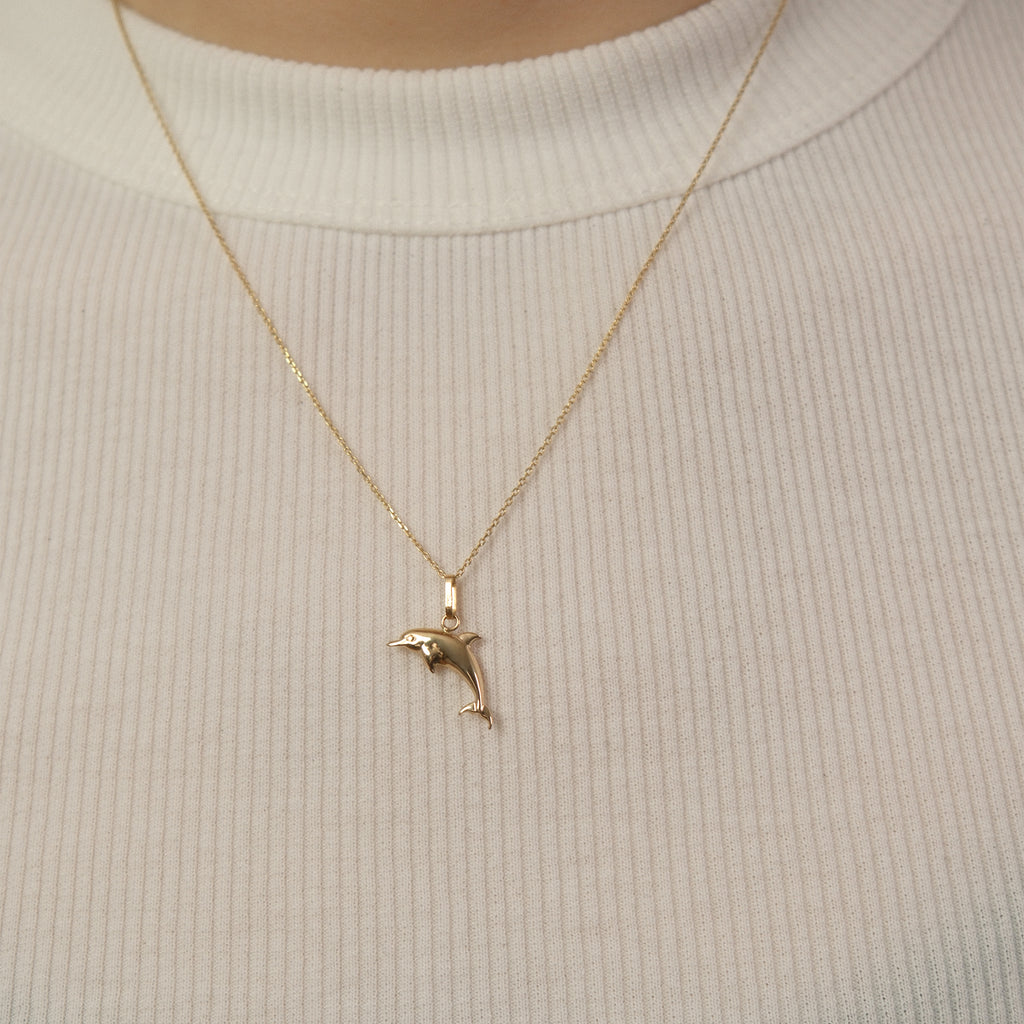 Nahaufnahme einer Kette mit Delfin-Anhänger aus 14k Echtgold.