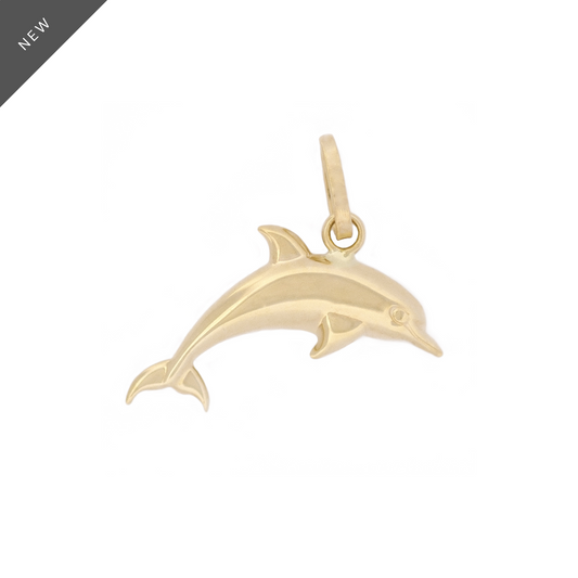 Delfin-Anhänger aus 14k Echtgold vor weißem Hintergrund.