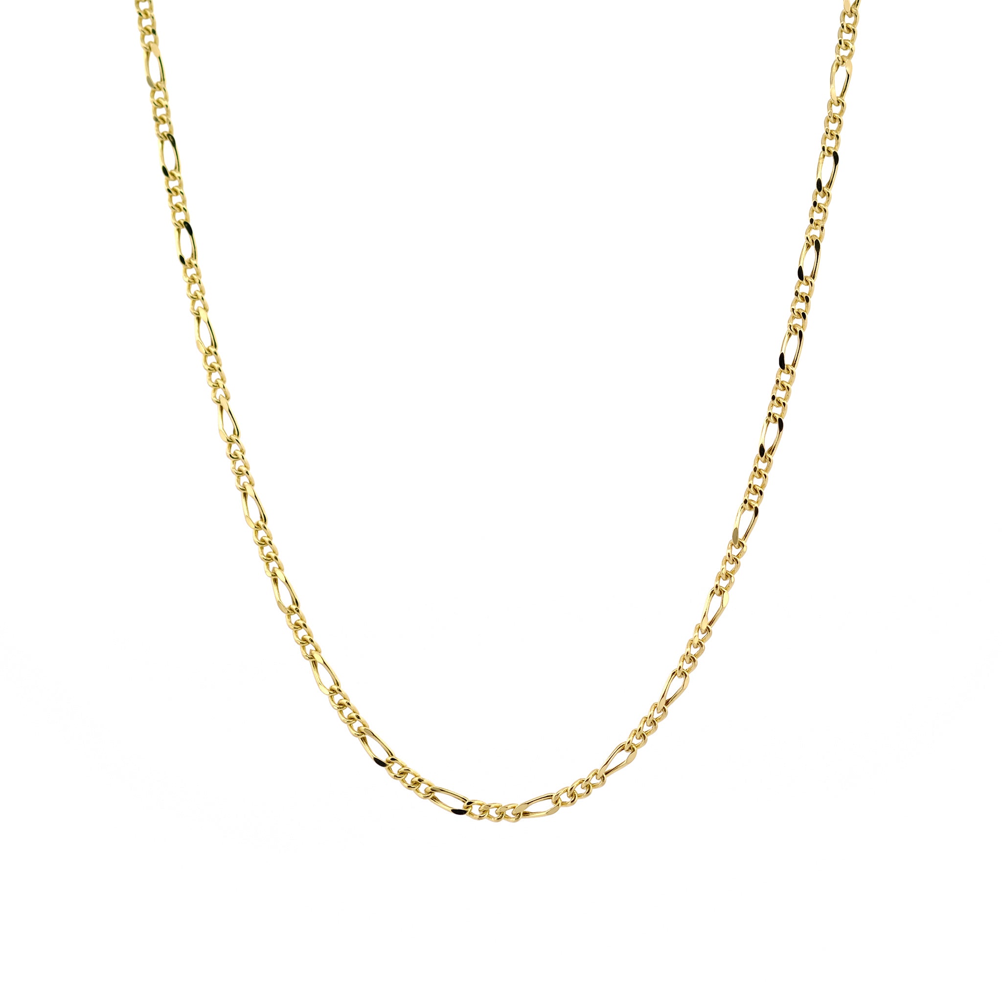 Figaro-Halskette aus 14k Gelbgold vor weißem Hintergrund.